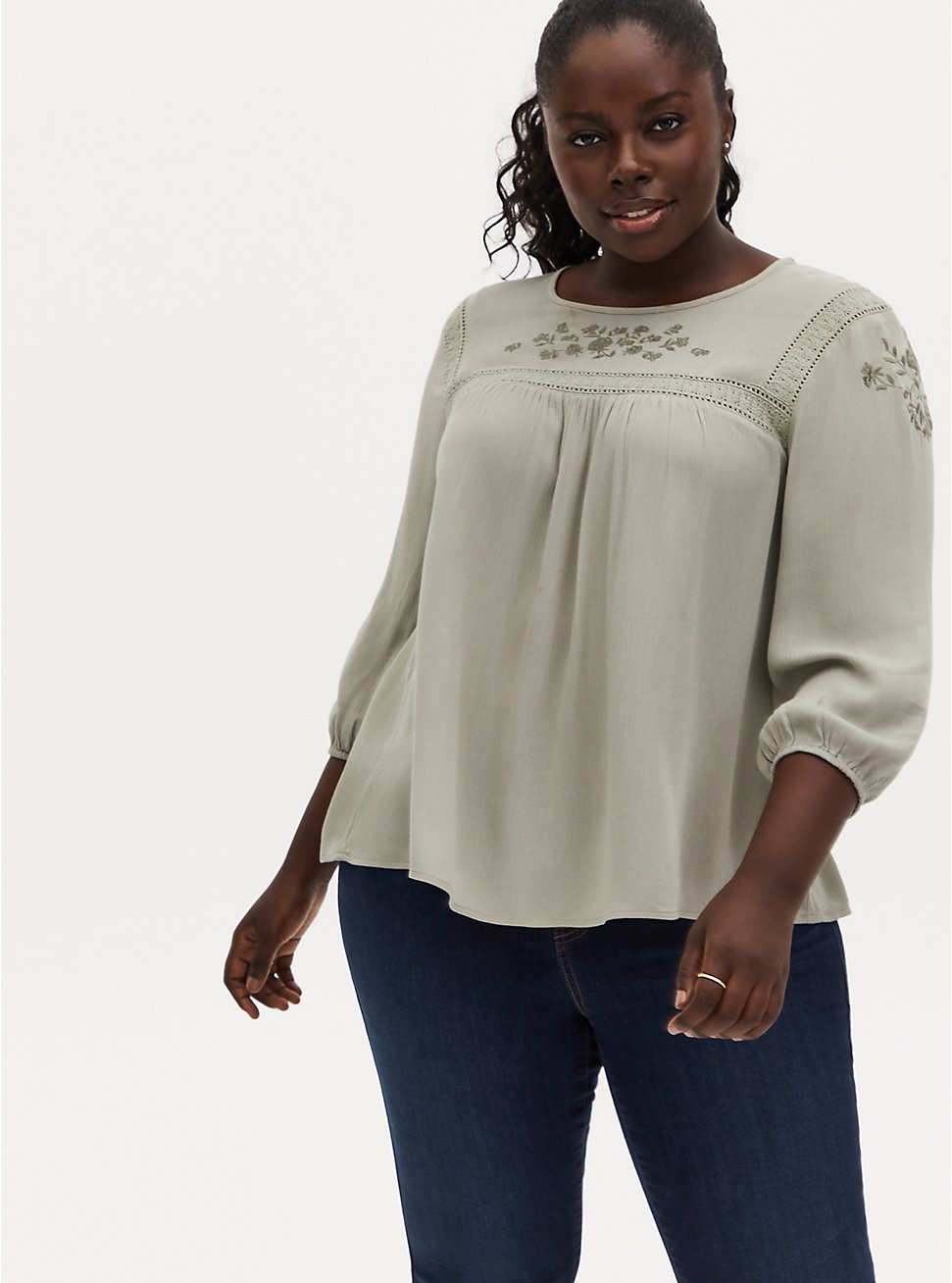 Plus Size Sage Green Crinkle Gauze Embroidered Blouse, SEAGRASS, hi-res