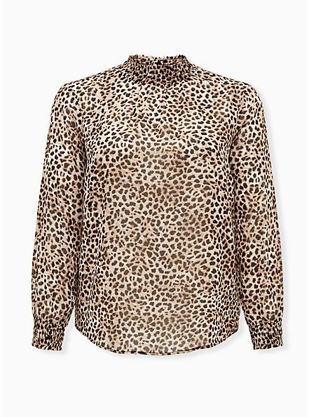 Leopard Sheer Chiffon Smocked Mock Neck Blouse, CHEE LEOPARD, hi-res