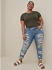 Plus Size High Rise Straight Jean - Medium Wash With Distressed Hem, SHOT TO HELL, alternate