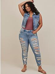 Plus Size High Rise Straight Jean - Medium Wash With Distressed Hem, SHOT TO HELL, alternate