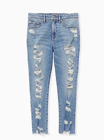 High Rise Straight Jean - Medium Wash With Distressed Hem, SHOT TO HELL, hi-res