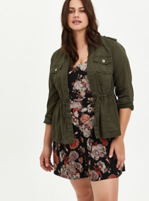 Plus Size - Olive Green Twill Open Front Drawstring Anorak - Torrid