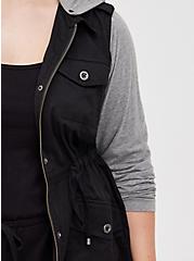 Plus Size Black Twill & Grey Jersey Drawstring Anorak, DEEP BLACK, alternate