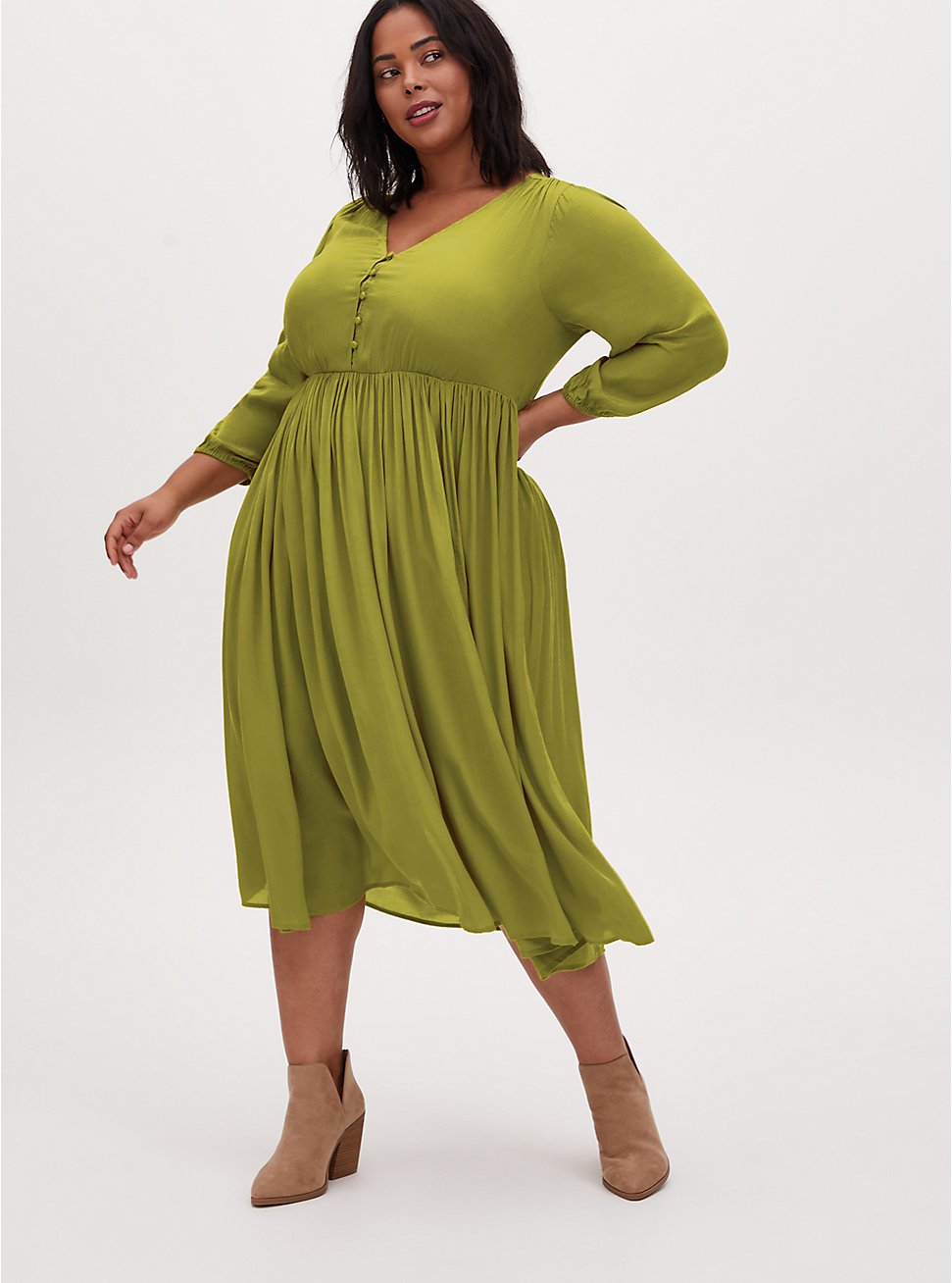 Plus Size - Chartreuse Satin Button Tea Length Dress - Torrid