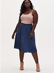 Plus Size Midi Chambray Button-Front Skirt, DARK BLUE, alternate