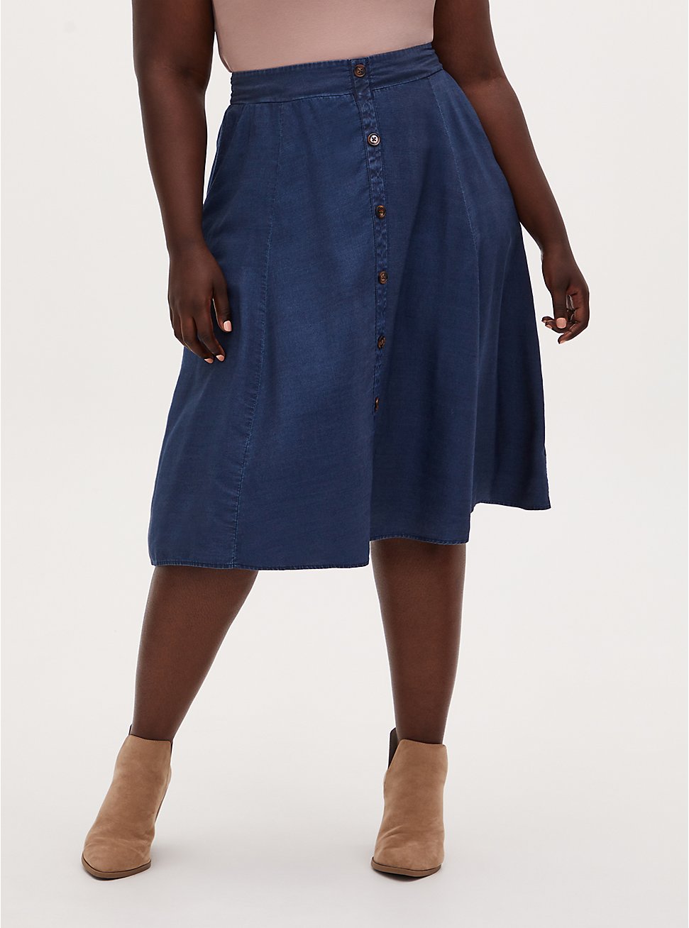 Plus Size Midi Chambray Button-Front Skirt, DARK BLUE, hi-res