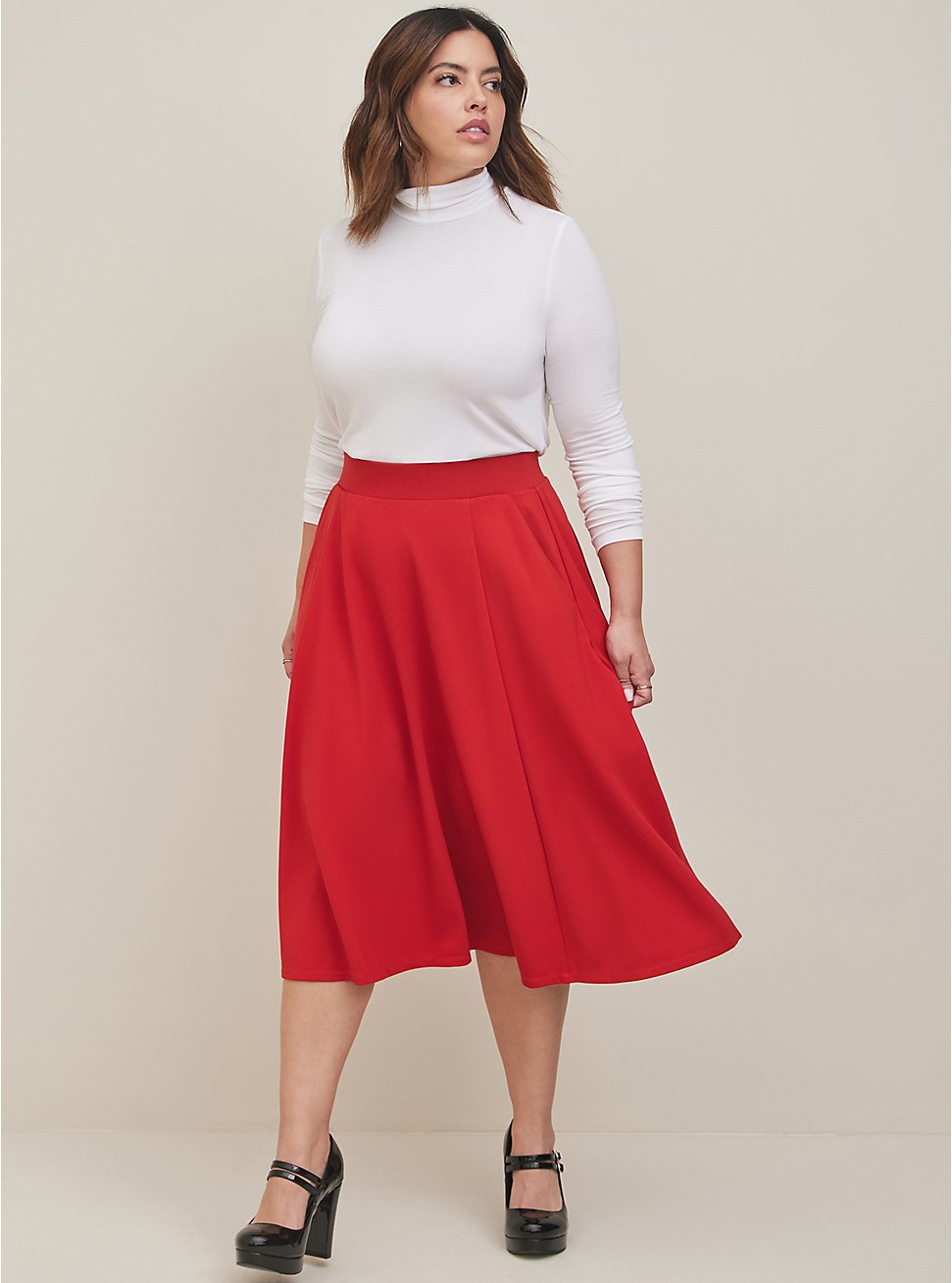 Plus Size Midi Studio Luxe Ponte Skirt, RED, hi-res