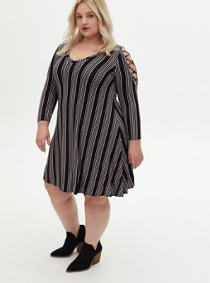 Plus Size - Super Soft Black Stripe Lattice Sleeve Mini Trapeze Dress ...