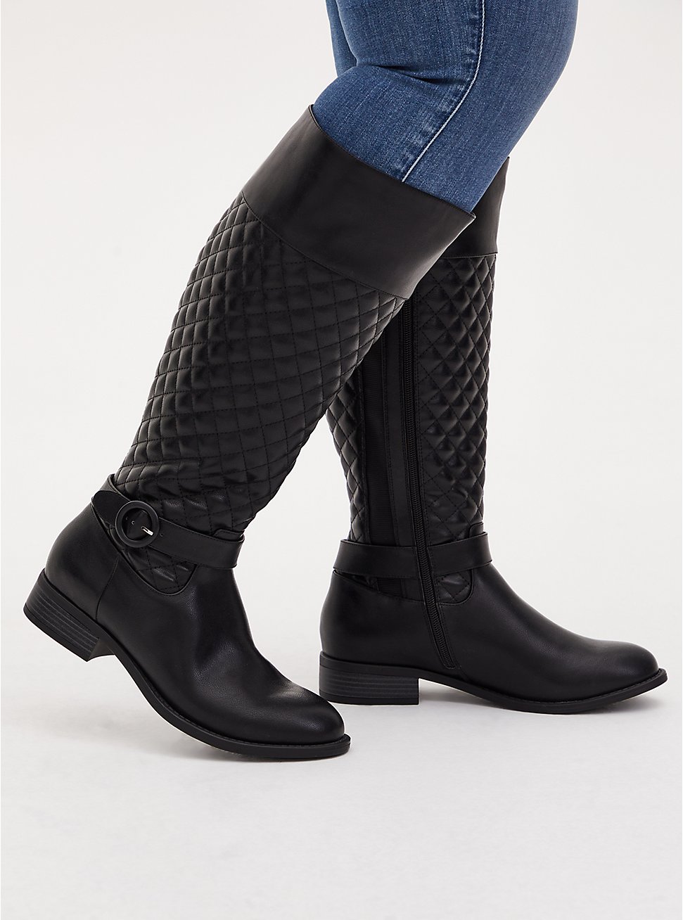 Black Quilted Faux Leather Knee-High Boot (WW), BLACK, hi-res