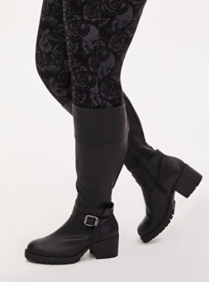 Plus Size - Black Faux Leather Lug Sole Knee-High Boot (WW) - Torrid