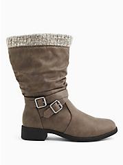 Grey Faux Leather Sweater-Trimmed Slouchy Moto Boot (WW), GREY, alternate