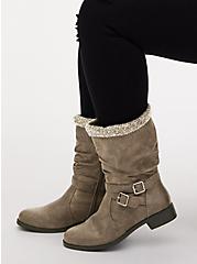 Grey Faux Leather Sweater-Trimmed Slouchy Moto Boot (WW), GREY, hi-res