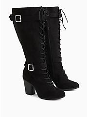 Black Faux Suede Lace-Up Knee-High Boot (WW), BLACK, alternate