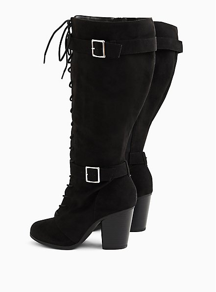 Plus Size Black Faux Suede Lace-Up Knee-High Boot (WW), BLACK, alternate