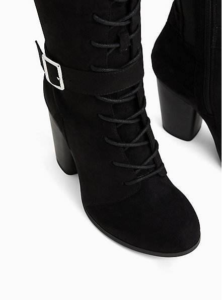 Plus Size Black Faux Suede Lace-Up Knee-High Boot (WW), BLACK, alternate