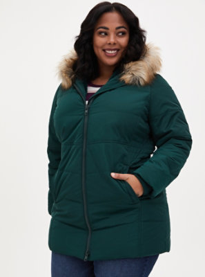 Plus Size - Dark Green Twill Fit & Flare Puffer Jacket - Torrid