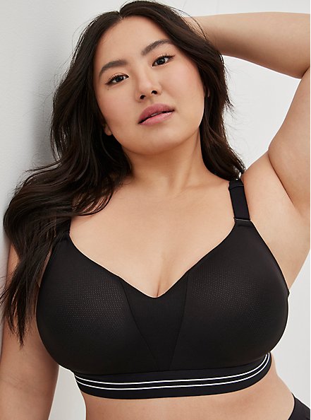 Plus Size  Lightly Lined Wire-Free Sports Bra - Microfiber Striped Black with 360° Back Smoothing™, RICH BLACK, alternate