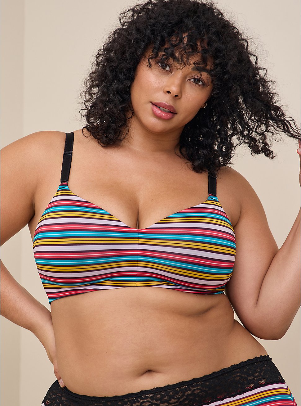 Plus Size Everyday Wire-Free Lightly Lined Print 360° Back Smoothing™ Bra, AUBREE STRIPE BLACK, hi-res