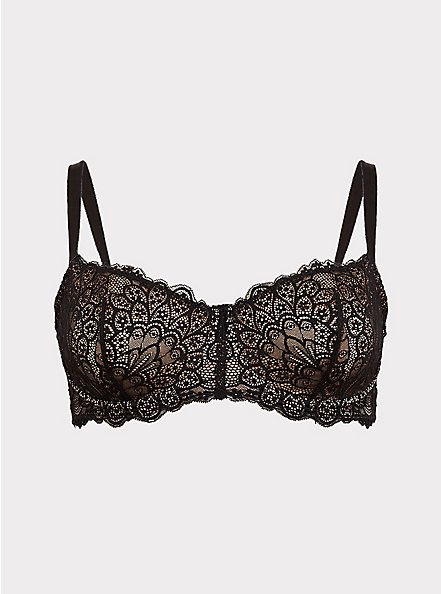 Balconette Unlined Peacock Lace Straight Back Bra, BLACK NUDE, hi-res
