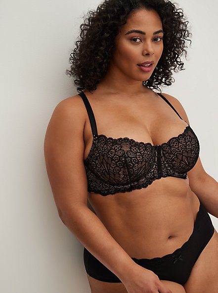 Plus Size Balconette Unlined Peacock Lace Straight Back Bra, BLACK NUDE, hi-res