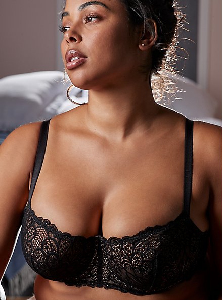 Plus Size Balconette Unlined Peacock Lace Straight Back Bra, BLACK NUDE, hi-res