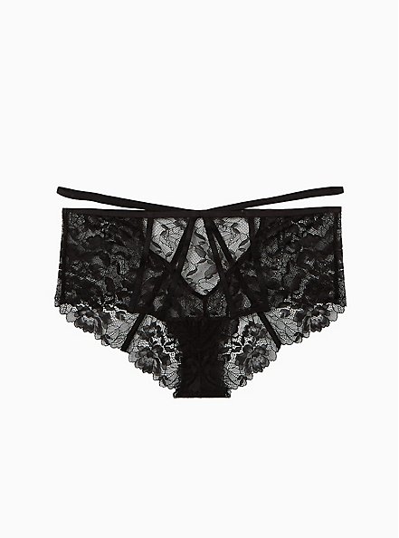  Black Strappy Chantilly Lace Open Back Cheeky Panty, RICH BLACK, hi-res
