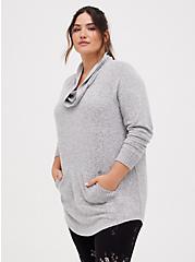 Cowl Neck Tunic Sweatshirt - Super Soft Plush Light Grey , HEATHER GREY, hi-res