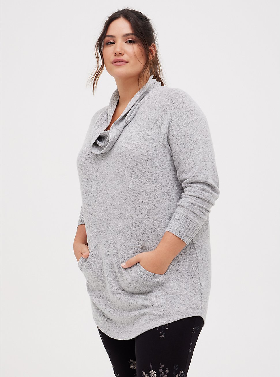 Plus Size Cowl Neck Tunic Sweatshirt - Super Soft Plush Light Grey , HEATHER GREY, hi-res