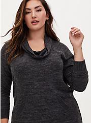 Plus Size Super Soft Plush Cowl Neck Raglan Tunic Sweatshirt, DEEP BLACK, hi-res
