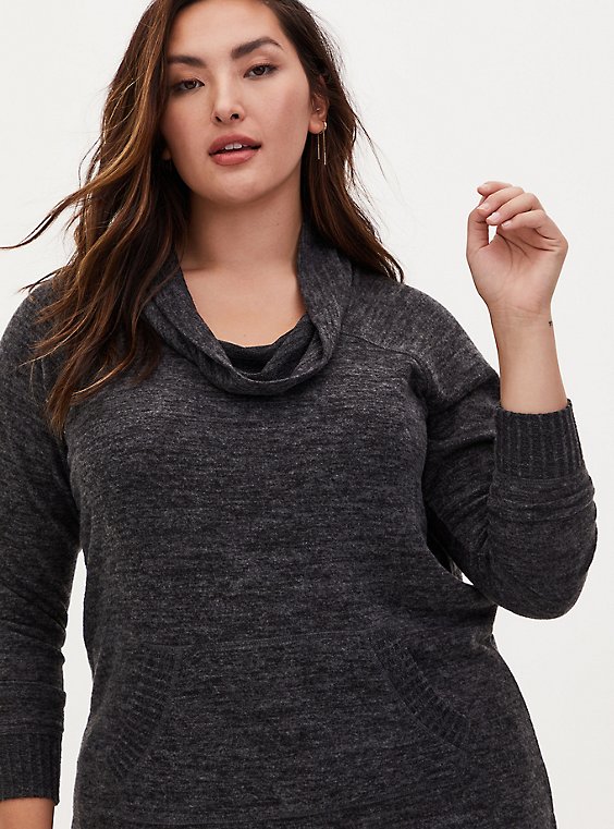 STORTO Plus Size Womens Cowl Neck Tunic Tops Solid Ruched Hem Sweatshirt