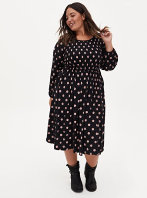 Plus Size - Black & Pink Polka Dot Studio Knit Smocked Midi Dress - Torrid