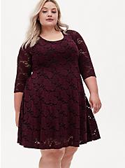 Plus Size Burgundy Purple Brushed Floral Lace Skater Dress, WINETASTING, hi-res