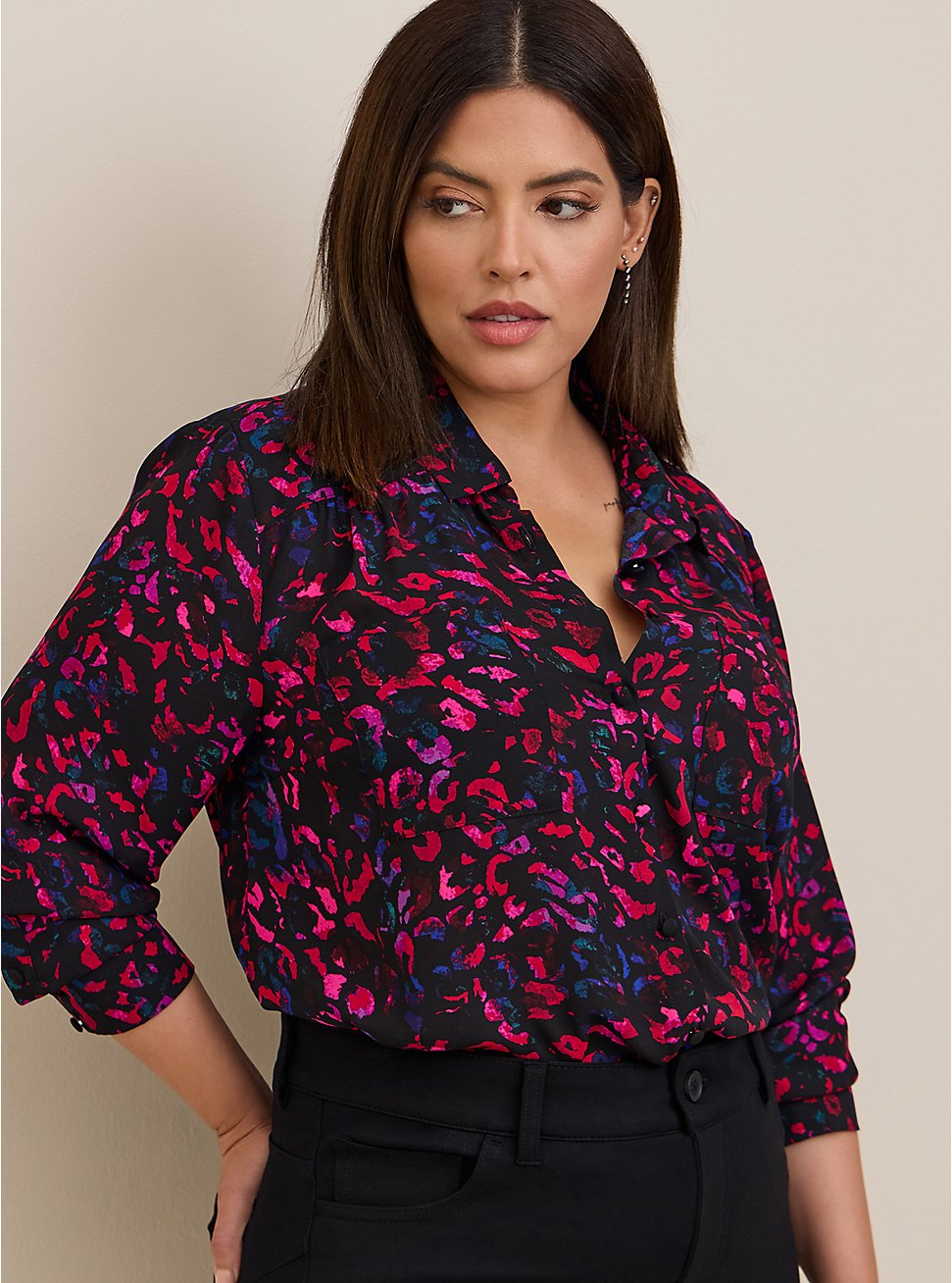 Plus Size Madison Georgette Button-Up Long Sleeve Shirt, RAINBOW LEOPARD, hi-res