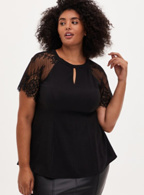 Plus Size - Black Crepe Lace Sleeve Fit and Flare Top - Torrid
