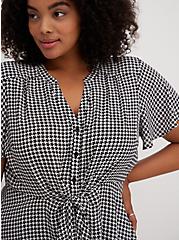 Black & White Houndstooth Georgette Peplum Tie Front Blouse , PLAID - GREY, hi-res