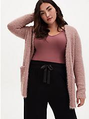 Fuzzy Yarn Cardigan Open Front Sweater, DUSTY PINK, hi-res