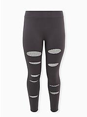 Plus Size Premium Legging - Slashed Fishnet Underlay Dark Grey, GREY, hi-res
