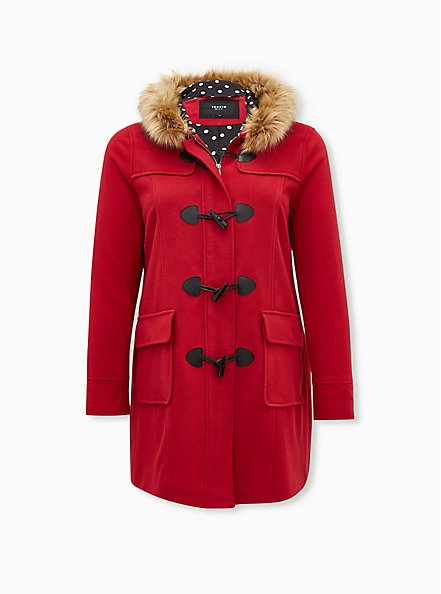 Red Brushed Ponte Hooded Toggle Coat, JESTER RED, hi-res