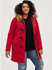 Red Brushed Ponte Hooded Toggle Coat, JESTER RED, hi-res