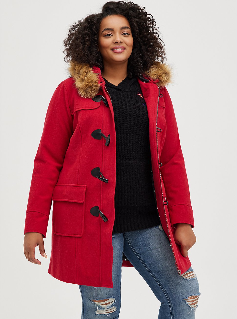 Plus Size Red Brushed Ponte Hooded Toggle Coat, JESTER RED, hi-res