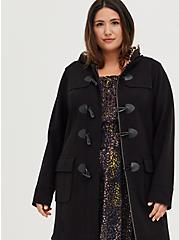 Plus Size  Black Brushed Ponte Hooded Toggle Coat, DEEP BLACK, alternate
