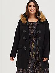 Plus Size  Black Brushed Ponte Hooded Toggle Coat, DEEP BLACK, hi-res