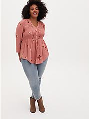 Plus Size Dusty Coral Floral Smocked Hi-Lo Tunic, FLORAL - PINK, alternate
