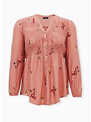 Plus Size Dusty Coral Floral Smocked Hi-Lo Tunic, FLORAL - PINK, hi-res