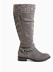 Plus Size Grey Oiled Faux Suede Sweater-Trimmed Knee-High Boot (WW & Wide to Extra Wide Calf), GREY, alternate