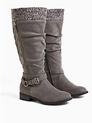 Plus Size Grey Oiled Faux Suede Sweater-Trimmed Knee-High Boot (WW & Wide to Extra Wide Calf), GREY, hi-res