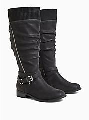 Oiled Sweater Trimmed Knee-High Boot (WW), BLACK, alternate