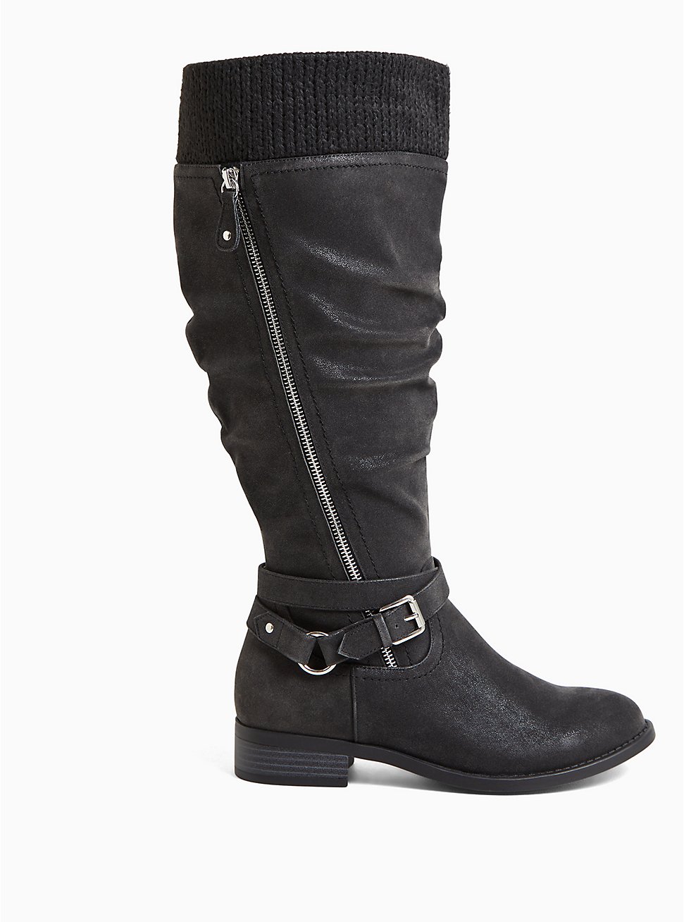 Oiled Sweater Trimmed Knee-High Boot (WW), BLACK, hi-res