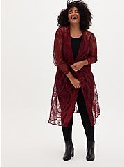 Plus Size Dark Red Lace Long Sleeve Duster Kimono, CORDOVAN, hi-res
