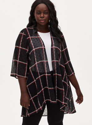 Plus Size - Black Plaid Flocked Dot Chiffon Kimono - Torrid